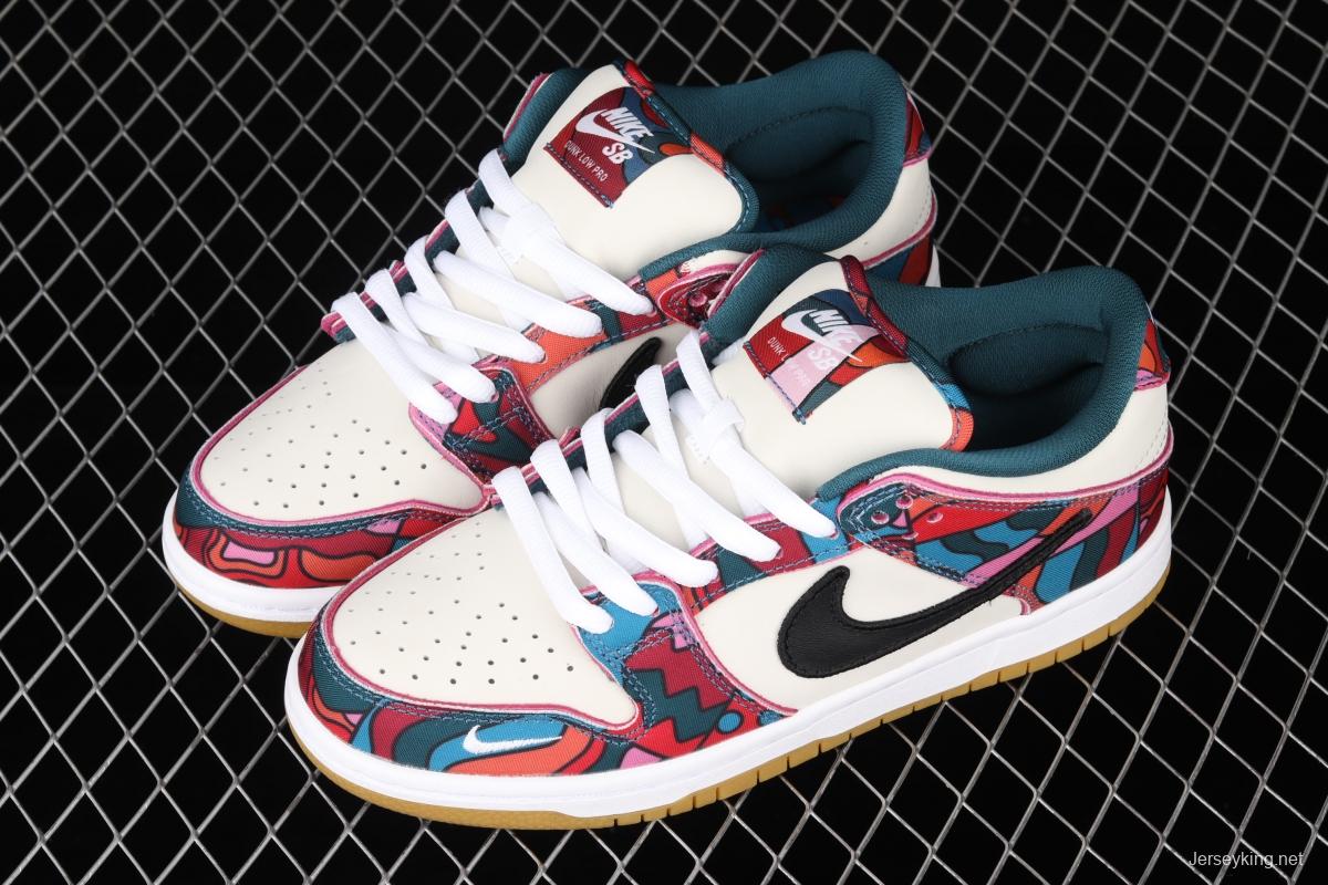 Parra x NIKE DUNK SB Low Pro White, Blue and Red Abstract Art scratch Music Olympic Slam Dunk Series retro low-top leisure sports skateboard shoes DH7695-600