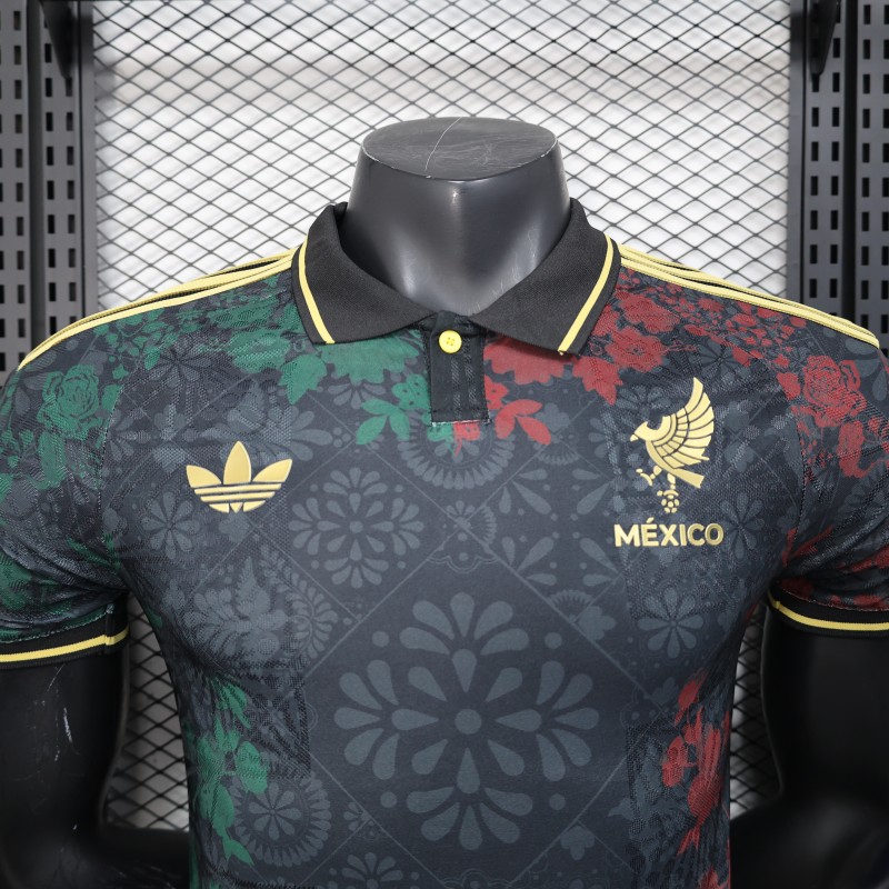 Player Version 2025 Mexico Black with Floral Pattern Design Jersey