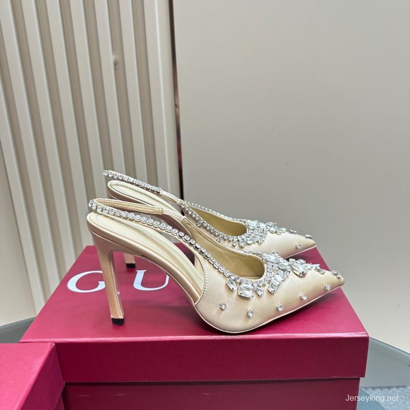 2025 Women Gucci Beige Silk Crystal Embellished Slingback Heels KFY00340