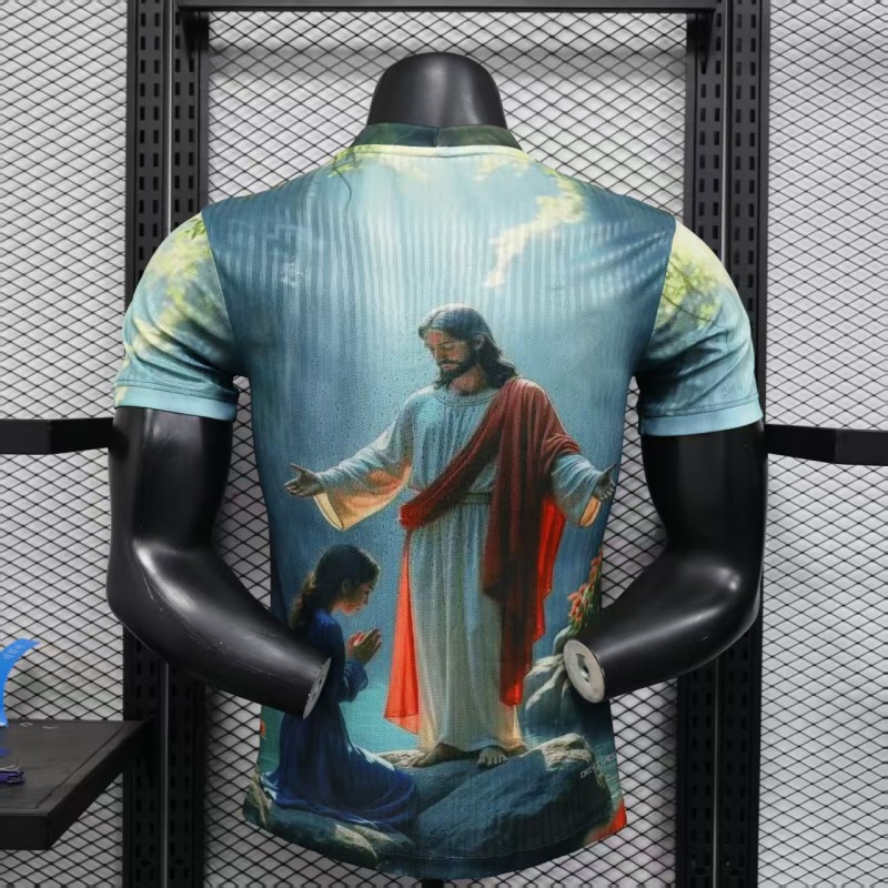 Player Version 2025 Brazil Light Blue with Jesus Christ Religious Artwork Jersey