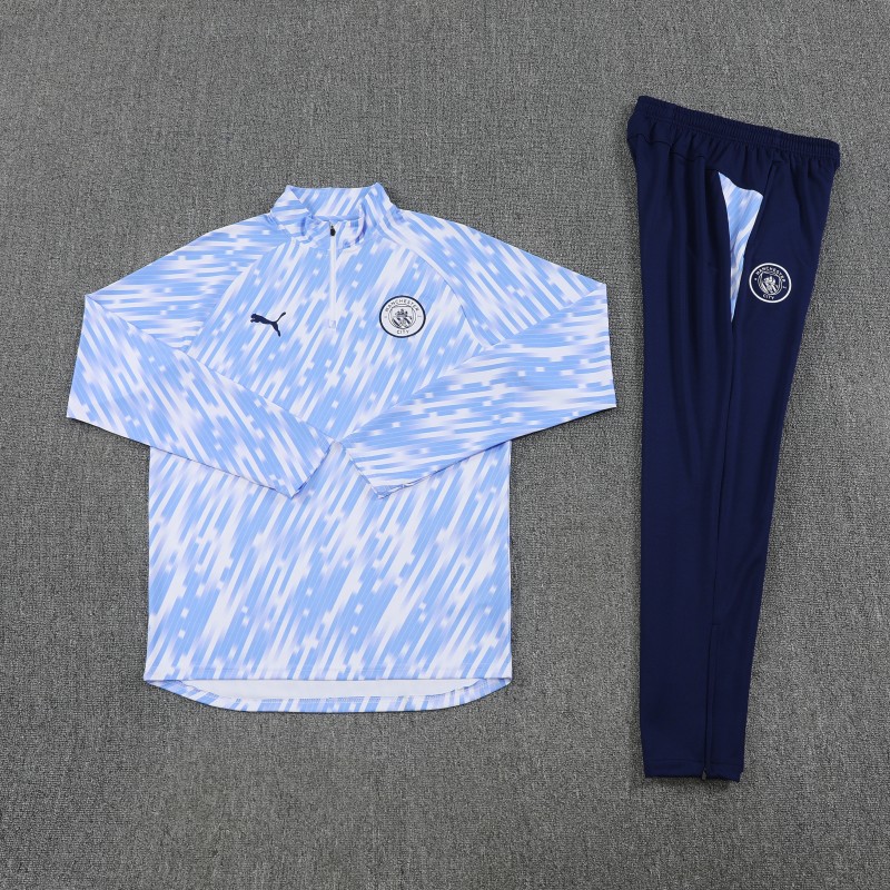 25/26 Manchester City White with Sky Blue Diagonal Stripes Half Zipper Jacket Tracksuit +Long Pants