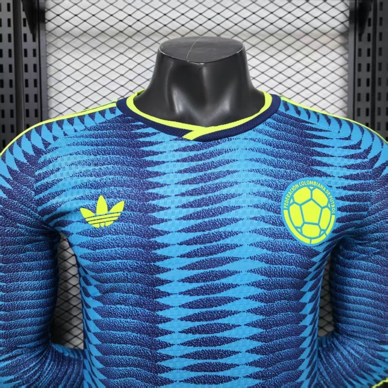 Player Version 2027 Colombia Away Blue with Wave Jacquard Pattern Long Sleeve Jersey