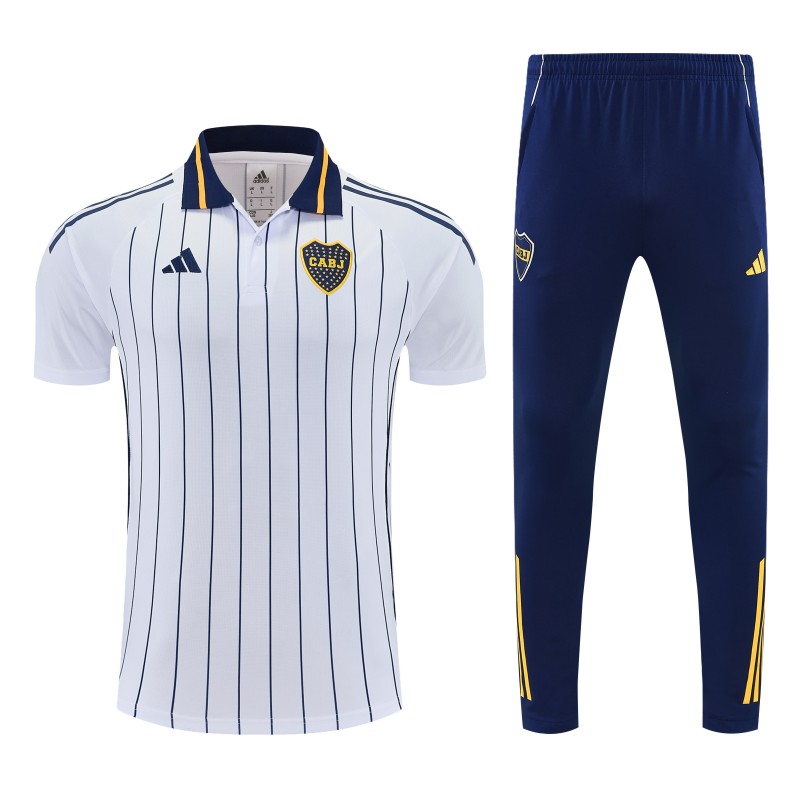 26/27 Boca White Stripes Polo Training Shirt + Long Pants Tracksuit
