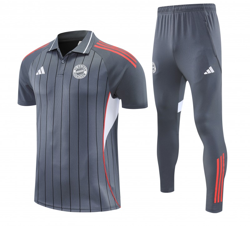 26/27  Bayern Munich Grey Stripes Polo Training Shirt + Long Pants Tracksuit