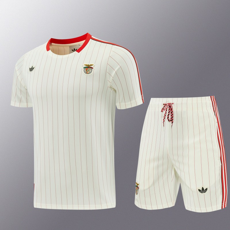 26/27 Benfica × Adidas Originals Off-White Pinstripe Short Sleeve+Soccer Shorts