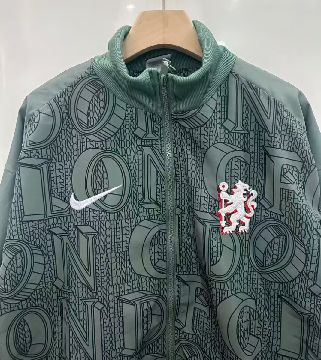 25/26 Chelsea FC Green with All-Over London Text Pattern Full Zipper Windbreaker